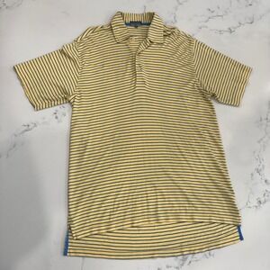 Alan Flusser Men L Golf Polo Shirt Yellow Blue Stripe Pearl Washed Cotton Preppy